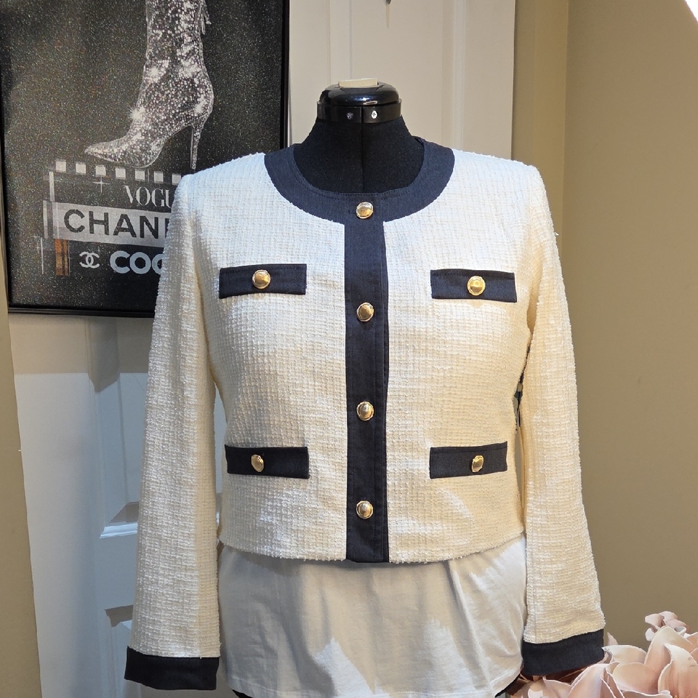Nwt XL & LARGE HAVER&BLAIR Chic Cream and DARK BLUE Women's Blazer with Gold